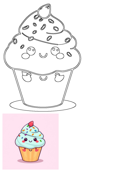 Adorable cartoon cupcake with sprinkles as its eyes and scattered on its face, creating a fun and whimsical dessert illustration.