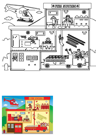 Cartoon illustration of a fire station, with people inside and outside. A helicopter is flying overhead, showing the full picture of the fire station.