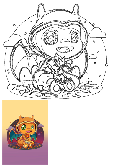 Illustration of a cute Charizard Pokemon character wearing an orange hooded jumpsuit. It sits on a floor with a purple and yellow background.