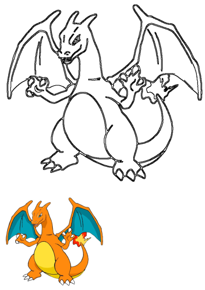 Illustration of an orange and blue dragon (Charizard) that is sitting on a white background,with a fire on his tail. 