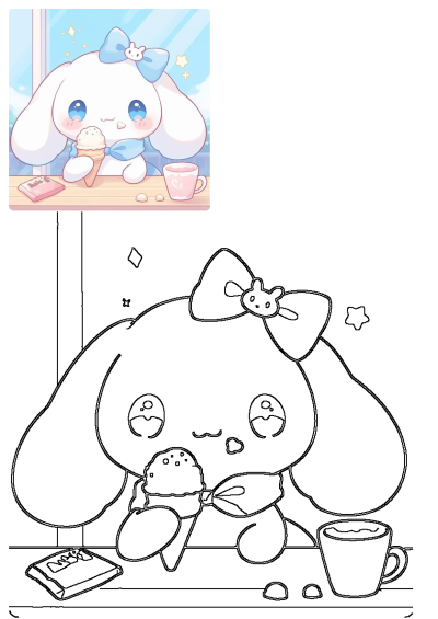 A delightful cartoon image of a kawaii white bunny with blue eyes and a bow, enjoying an ice cream cone and a drink. The image style is cartoon/kawaii. 