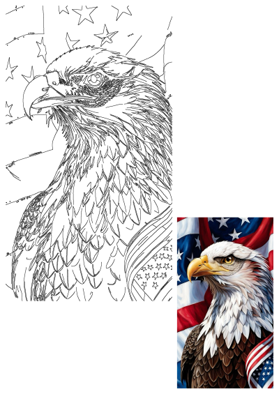 Artwork of an American bald eagle in front of the US flag, a striking depiction of national pride and freedom. 