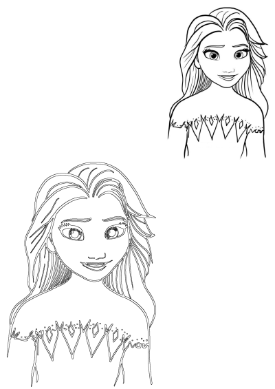 A black and white drawing of Elsa from Frozen, perfect for a coloring page. Free printable coloring page for fans of Disney's Frozen.