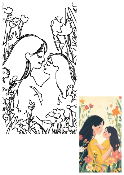 A tender illustration of a mother and daughter embracing amidst a vibrant flower garden, capturing a heartwarming moment of love.