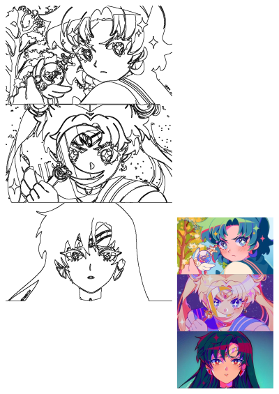 Anime illustration of three Sailor Moon characters with different colored eyes. Features Neptune, Moon, and Pluto in a cute style.