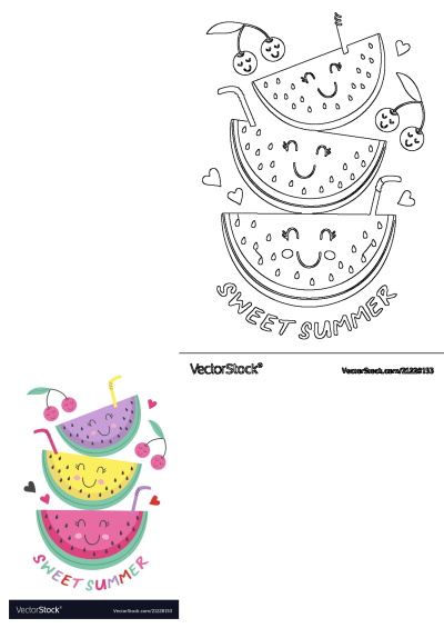 Two watermelon slices and one other fruit slice with straws, smiling faces, and cherries above. Sweet Summer fruit graphic.