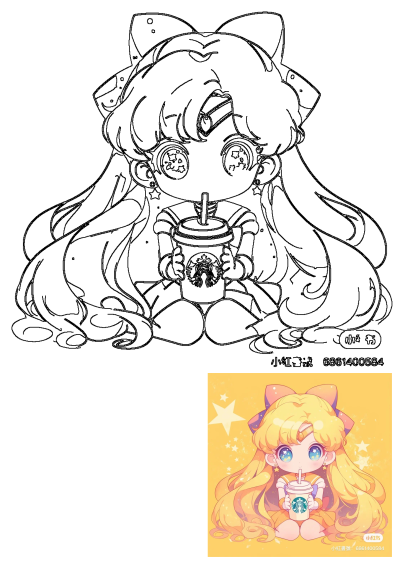 Cute cartoon girl with blonde hair and big blue eyes holding a Starbucks drink. Anime-inspired illustration with a yellow background.