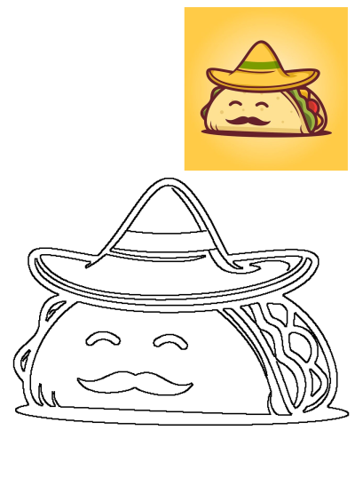 Cartoon taco character with a mexican hat and mustache, featuring fillings like lettuce and tomato on a yellow background.