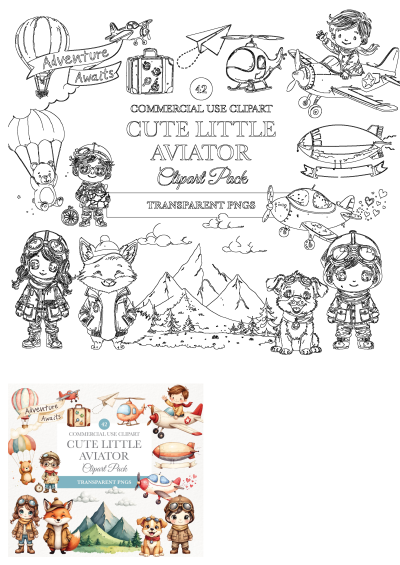 Cute little aviator clipart pack for commercial use and personalized projects featuring planes, animals, and aviator characters. 
