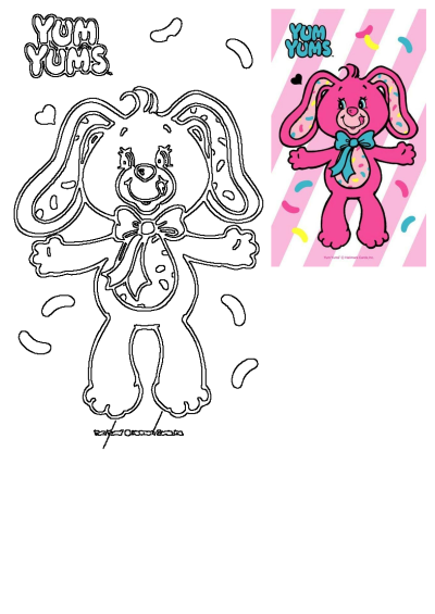 A delightful illustration of a pink Yum Yums teddy bear wearing a bow. The words "Yum Yums" are written above it, a sweet and nostalgic design.