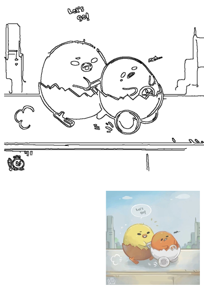 Cute cartoon featuring a chick pushing a Gudetama-like egg character in an eggshell car. The chick says 'Let's go!' while Gudetama says 'meh...'