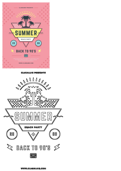 Summer beach party poster with palm trees and geometric shapes on pink background for flyers or brochures. 'Back to 90's' theme.
