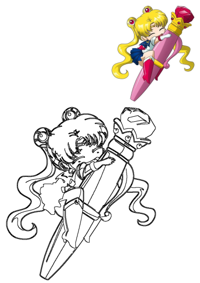 A cute sailor girl cartoon character from Sailor Moon riding a pink rocket with a red gem on top, ready for adventure!