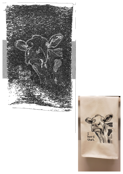 Embroidered Cow Sketch With 'i Herd That' Motif on a Kitchen/tea Towel. Cow sketch design.