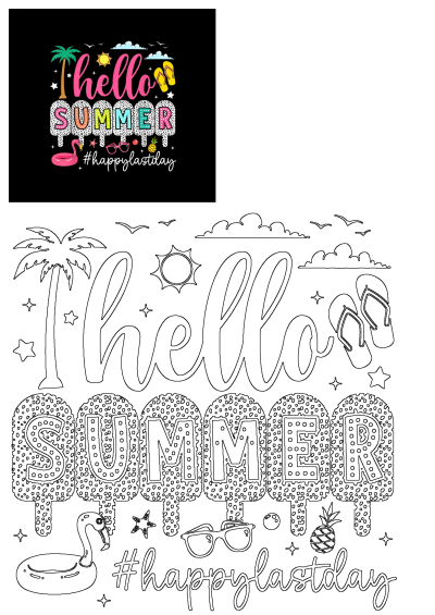 Hello Summer phrase written in pink and white with palm trees on black background. Features sun, clouds, flamingo, pineapple, #happylastday.