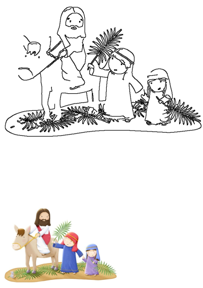 Figurine of Jesus riding a donkey with two children holding palm branches, celebrating Palm Sunday. Cartoon illustration style.