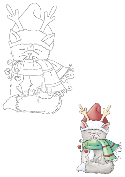 Cute Christmas cat in Santa hat with reindeer antlers, green scarf, holding heart charm. Includes outline and colored holiday illustration.