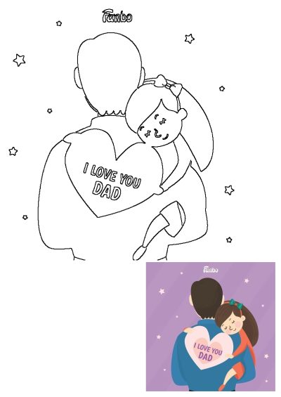 Adorable cartoon illustration of a daughter hugging her dad, with a heart that says 'I LOVE YOU DAD' on his back.