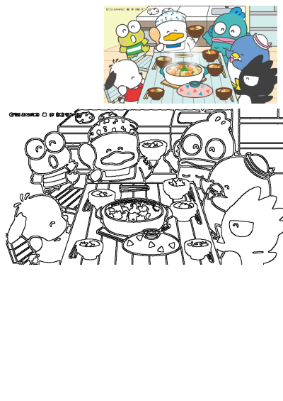 Cartoon characters from Sanrio, including Keroppi, Pekkle, and Tuxedo Sam, are sitting around a table enjoying a meal of soup and rice.