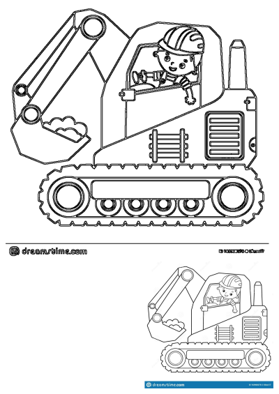 A line drawing of a cartoon construction worker happily driving an excavator, perfect as a fun coloring page for children.