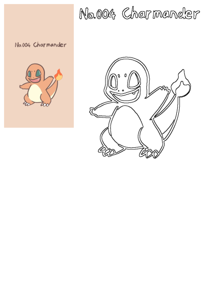 Cartoon image of Charmander, the fire-type Pokémon No. 004, with a flame on its tail. Features a cute design for Pokémon fans.