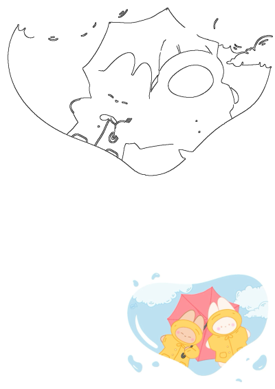 Two adorable bunny characters in yellow raincoats share a pink umbrella, sheltering from a whimsical rainy day.