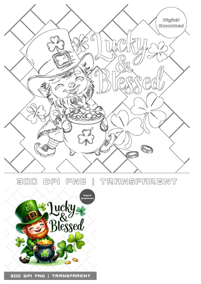 A St Patrick's Day SVG design showing a happy leprechaun with shamrocks and a pot of gold coins, reading 'Lucky & Blessed'.