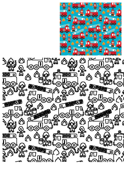 Seamless pattern with cartoon firetrucks, firefighters and flames on a blue background. Cute fire safety theme for kids projects.