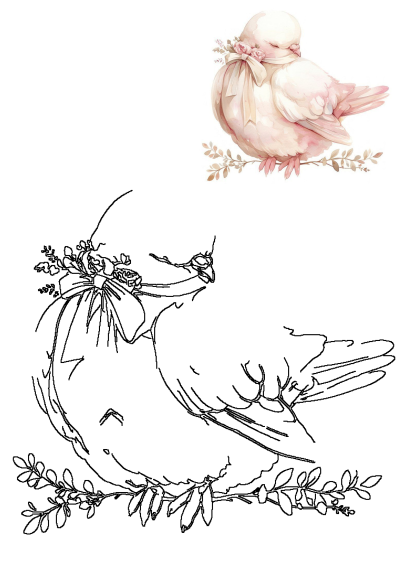 A watercolor painting of a pink bird with a bow and roses on its breast sitting on a branch. Delicate and charming illustration.