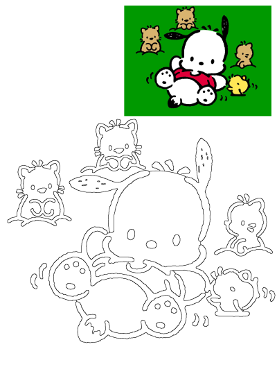 Illustration of Pochacco cartoon dog in a red shirt, playing in the grass with his cute friends. Happy puppy with other small animal cartoons. 