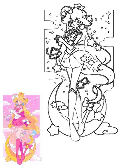 Cartoon girl with pink hair, stars on her head, and a Sailor Moon style outfit. Princess Peach inspired with rainbow and star details.