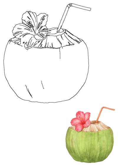 Watercolor painting of a refreshing green coconut drink, garnished with a vibrant pink hibiscus flower and a straw. 