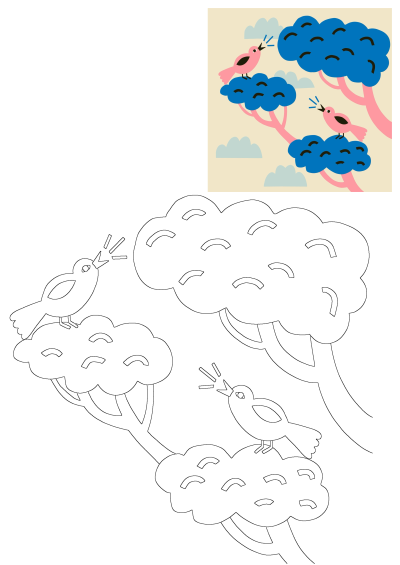 A whimsical illustration featuring two pink birds sitting on top of stylized blue trees. A fun, colorful nature scene for kids or playful designs.