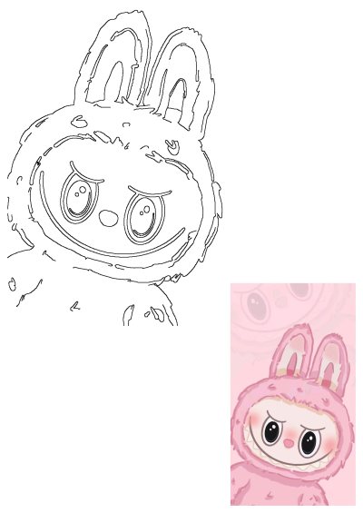Cute pink cartoon monster wearing a bunny costume, with big eyes and a mischievous grin, in a pink background.