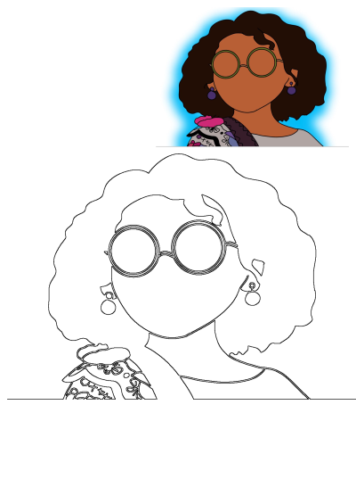 Illustration of a woman with glasses and a sweater. Cartoon art showing details like the woman's curly hair, round glasses, and patterned shawl.