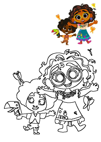 Cartoon image of two children with birds on their heads and one is holding the other's hand, surrounded by butterflies in a playful setting.