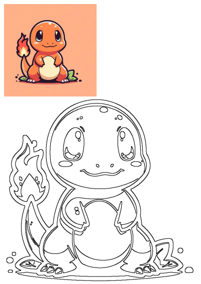Cute cartoon Charmander with a flame on its tail. Adorable orange Pokemon character sitting on leaves with a happy expression.