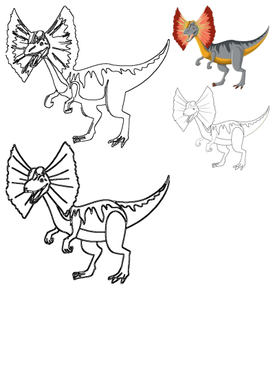 Cartoon image shows a dilophosaurus, which has a fan-like frill around its neck. One is colored and one is an outline.