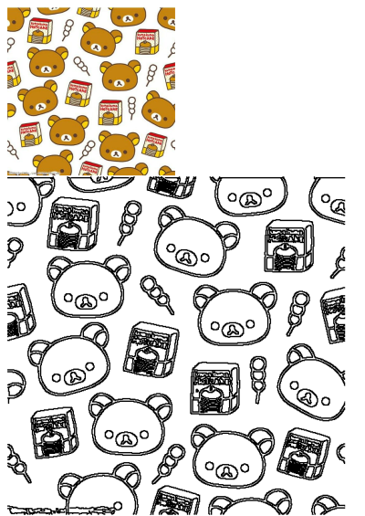 Seamless pattern featuring a brown teddy bear with some food, boxes of pancakes, and dango sticks, perfect for kawaii-themed projects.