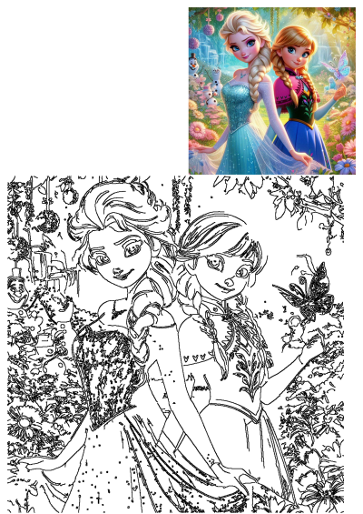 Two frozen princesses, Anna and Elsa, stand together amidst vibrant flowers and lush trees, with delicate butterflies fluttering around them in a magical scene.
