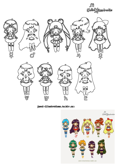 Cute chibi Sailor Moon characters illustration featuring different outfits and associated astrological symbols. Anime fan art with a kawaii style.