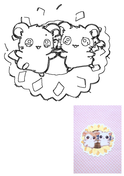 Two adorable cartoon mouses sit atop a vibrant yellow and white flower-shaped sticker. Kawaii art illustration with a cheerful and whimsical style.