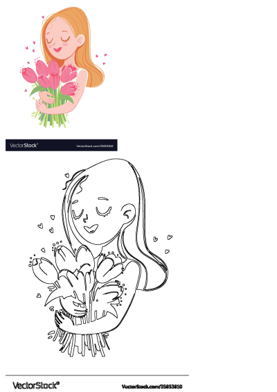 A charming cartoon image of a girl with blonde hair, holding a bouquet of vibrant pink tulips, surrounded by delicate hearts.