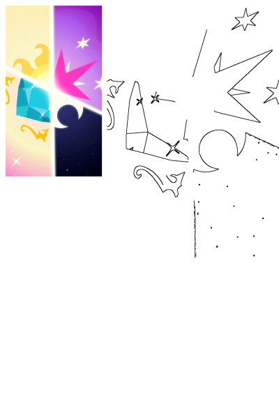 Two different colored images with stars and shapes. One has an upside down design on its side, showing the My Little Pony cutie marks divided.