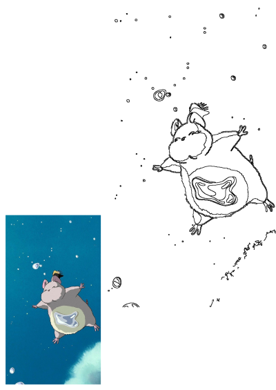 Cartoon image of a bo mouse character flying through the air on top of a large object, in the sky, cartoon illustration.