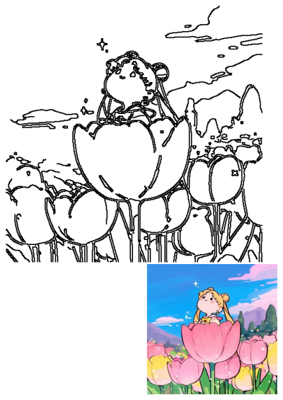 Cute image of Sailor Moon sitting inside a pink tulip in a field of tulips, anime illustration, kawaii style.