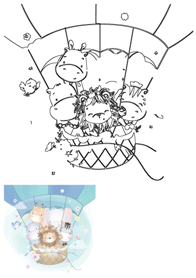 Adorable animals, including a lion, zebra, giraffe, elephant, and hippo, enjoy a whimsical hot air balloon ride in this charming illustration.