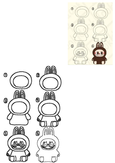 Step-by-step guide on how to draw a cute bunny cartoon character. Illustration guides you through the process with easy steps.