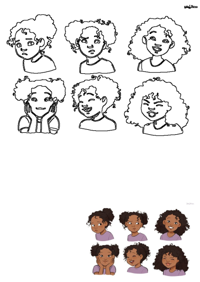 Cartoon illustration of a girl with different expressions on her face, showcasing a range of emotions from sadness to joy. 