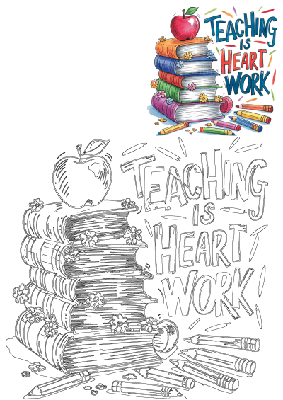 Stack of colorful books with an apple on top and pencils around it. Illustration says teaching is heart work.
